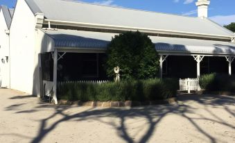 a large tree in front of a building with a white picket fence and a statue in the middle at Little River Bed and Breakfast