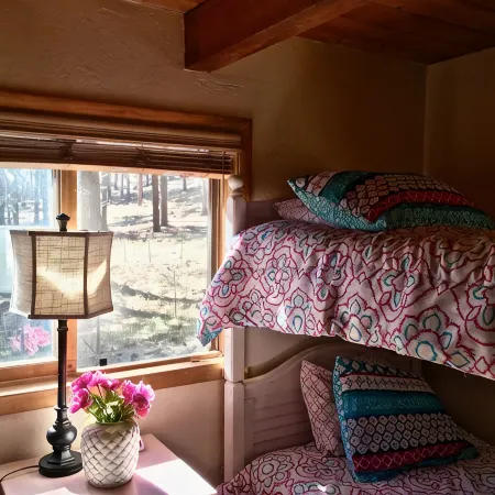 Log Cabin in tall pines, backs to forest, great hiking, star-gazing, biking!
