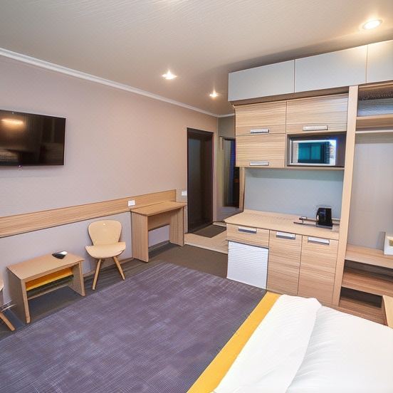 a modern hotel room with a bed , desk , chairs , and a tv mounted on the wall at Luna Hotel