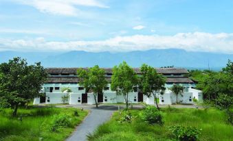 a white building surrounded by green grass and trees , with a road leading up to it at The Serai Bandipur