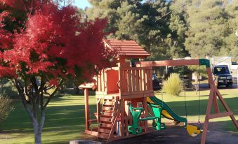 a wooden play structure with a slide and swings is in a park surrounded by trees at Zeehan Bush Camp