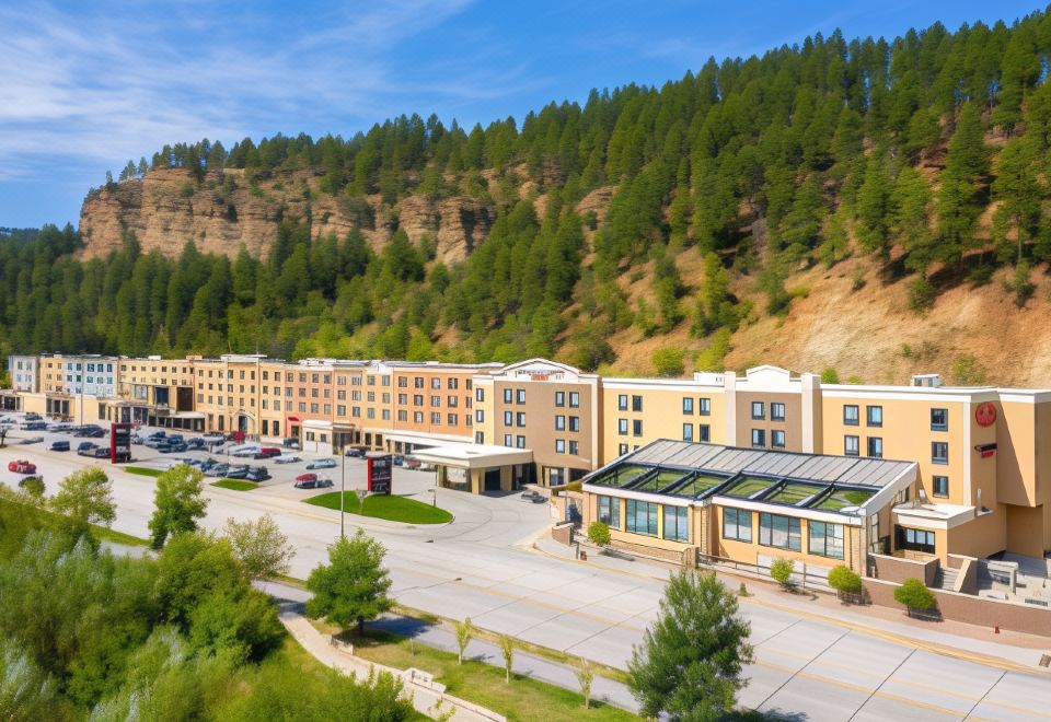 a large building with a parking lot in front of it and trees lining the sides at SpringHill Suites Deadwood