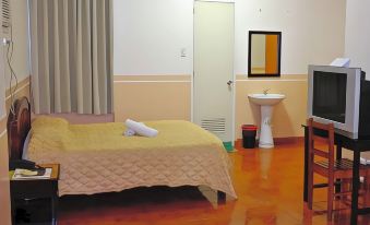 a modern , minimalist bedroom with wooden flooring and white walls , featuring a bed , curtains , a tv , and a sink at My Hotel