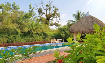 a swimming pool surrounded by lush greenery , with a thatched roof hut in the background at Riverside Park Eco Resort