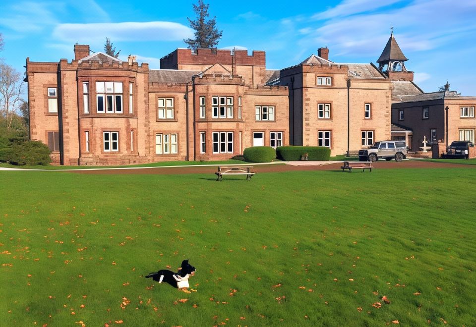 a dog is standing on a grassy field in front of a large building , surrounded by trees at Irton Hall