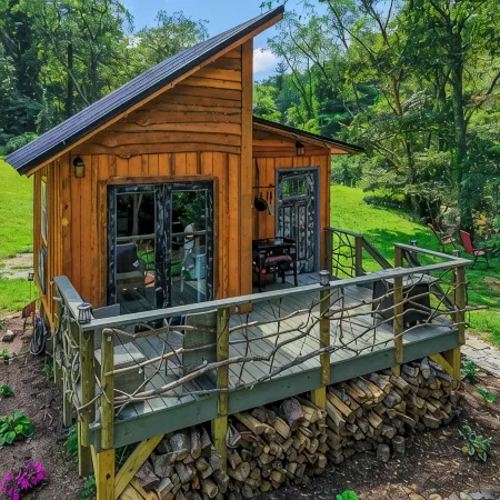 Tiny cabin sits by a bubbling, stocked creek. Pet friendly for a fee, hot tub