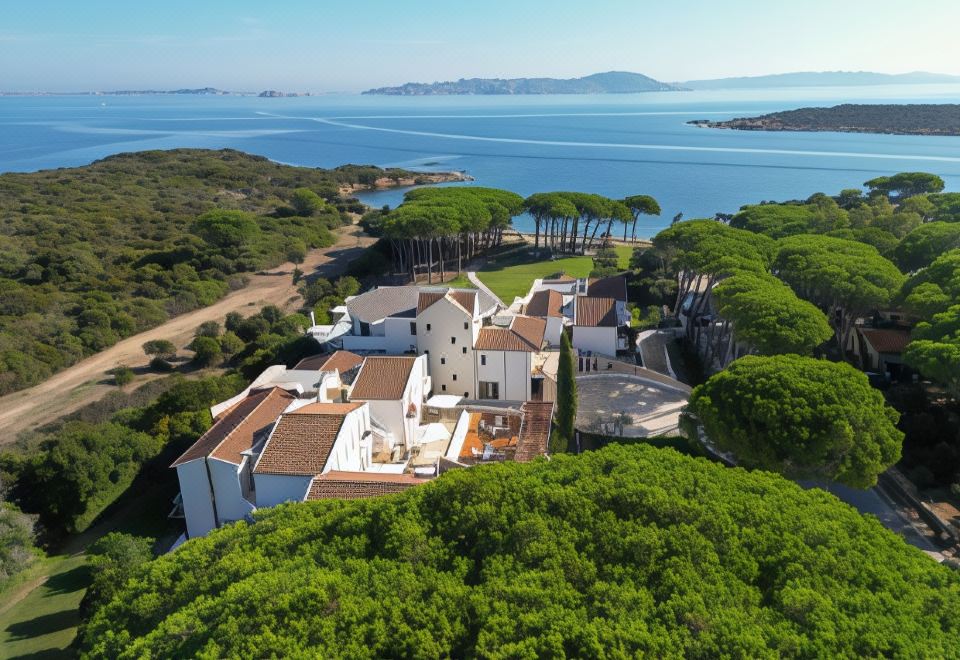 aerial view of a large white house surrounded by trees and overlooking a body of water at La Coluccia