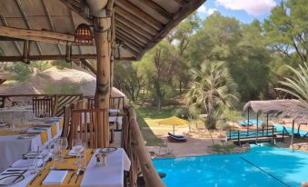 a resort with a pool surrounded by palm trees and a wooden deck , where tables are set up for dining at Sarova Shaba Game Lodge