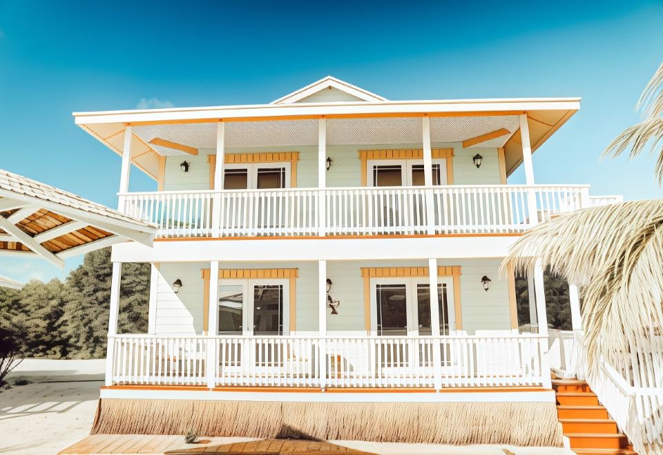 a white house with a yellow trim and balconies is situated on a sandy beach at Embrace Resort