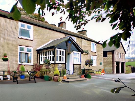 a stone house with a white window and door is surrounded by potted plants , chairs , and potted flowers at The Stanley Arms