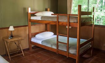 a bunk bed with two beds and a single bed in a room with green walls at Puerto Barillas