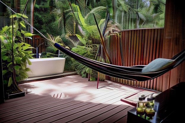 a wooden deck with a hammock , potted plants , and a bathtub surrounded by tropical plants at Tambopata Research Center