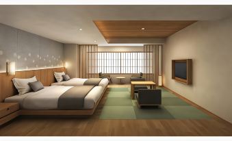 a modern hotel room with two beds , a couch , and a tv , all set against a backdrop of wooden walls and ceiling at Shosenkaku Kagetsu