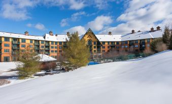 a snow - covered landscape with a large building in the background , possibly a hotel or resort at The Appalachian at Mountain Creek