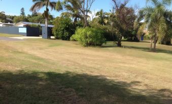 a grassy field with palm trees and a house in the background , under a clear blue sky at Emu Park Motel