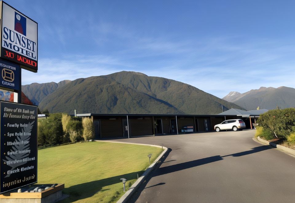 a large building with a car parked in front of it , surrounded by grass and mountains at Sunset Motel