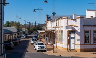 a white building with a car parked in front and several poles on the street at Prince of Wales Hotel Gulgong
