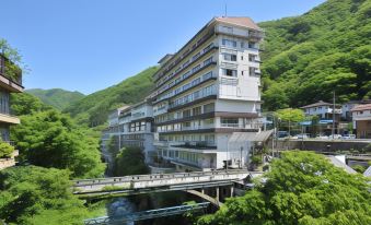 a large , modern hotel building situated on a hillside with a bridge leading to it at Zazan Minakami