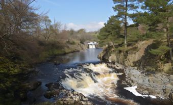 a scenic view of a waterfall cascading down rocks in a river surrounded by trees and buildings at The Ancient Unicorn