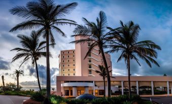 a tall hotel building surrounded by palm trees , with a parking lot in front of it at Beverly Hills