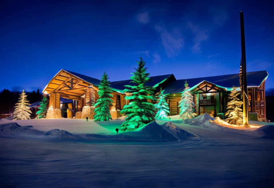 a large , modern building with a wooden exterior and snow - covered ground , illuminated by colorful lights at night at Daniels Summit Lodge