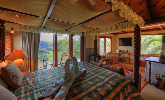 a luxurious bedroom with a king - sized bed , a flat - screen tv , and a view of the mountains outside the window at Maleny Tropical Retreat