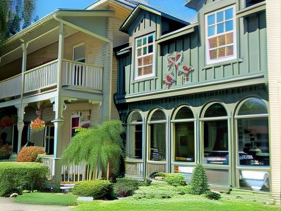 a two - story house with green siding and a balcony is surrounded by a lush green lawn at The Little Inn of Bayfield