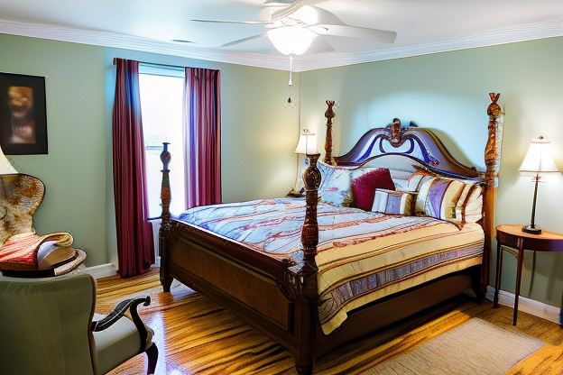 a large bedroom with a wooden bed , two windows , and a chandelier hanging from the ceiling at A Mighty Oak B&B