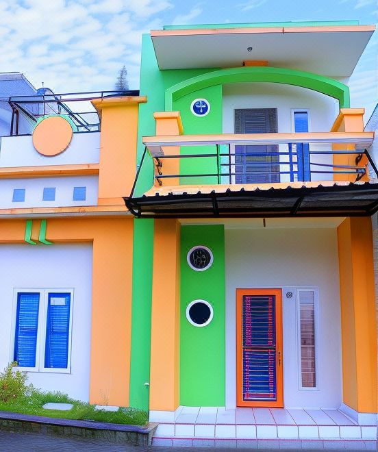 a colorful house with a green and orange facade is surrounded by a white fence at Villa Berastagi Highland