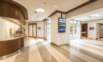 a modern office space with a reception area , two large windows , and a tv screen at Hotel Ambassador