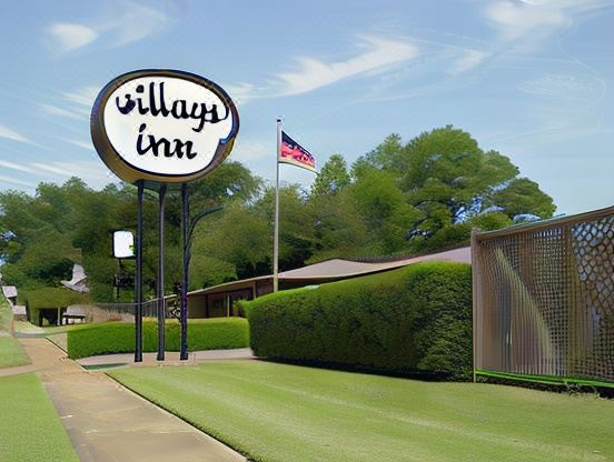 a sign for the village inn with a green lawn and trees in the background at Village Inn