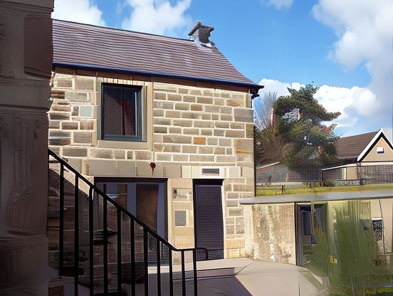 a stone house with a wooden roof , surrounded by trees and a fence , under a clear blue sky at Duke of Wellington