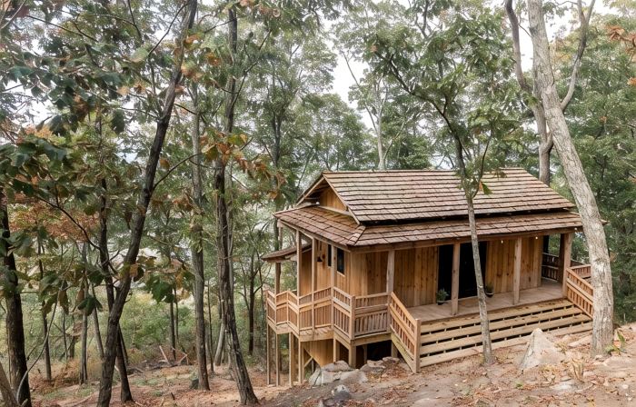 Japanese timberframe tiny house perched on side of Lookout Mountain
