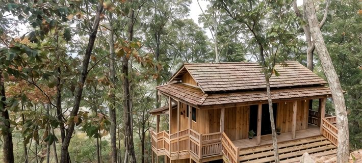 Japanese timberframe tiny house perched on side of Lookout Mountain Hotels in Dade County