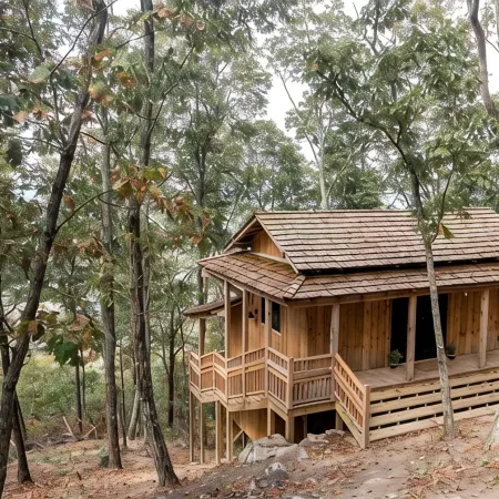 Japanese timberframe tiny house perched on side of Lookout Mountain