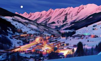 a snowy mountain village with a full moon shining down on the town , creating a serene and picturesque scene at Hotel Christiania