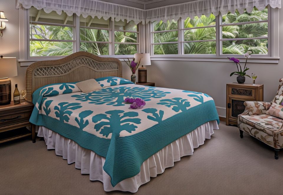 a bedroom with a large bed and a window , featuring a blue and white quilt with an island design at The Old Wailuku Inn at Ulupono