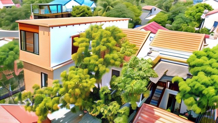 a tree growing on top of a building , with the tree and surrounding houses visible in the background at Pink Beach Homestay