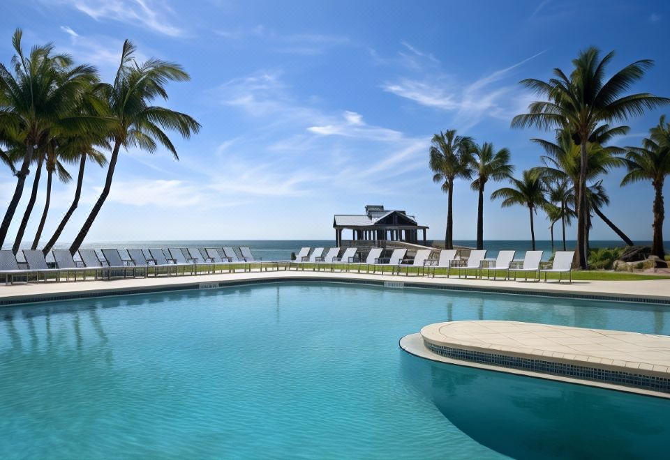 a large outdoor swimming pool surrounded by lounge chairs and palm trees , with a view of the ocean in the background at DoubleTree by Hilton Hotel Libertyville - Mundelein