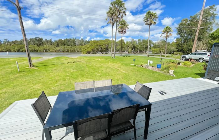 Lakeside House Tuncurry with deck overlooking the lake
