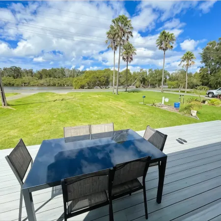 Lakeside House Tuncurry with deck overlooking the lake