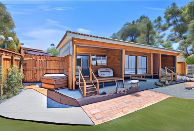 a 3 d rendering of a small wooden house with a patio , hot tub , and grill at The Swan Valley Retreat