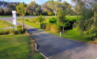 a road with a sign on the side and palm trees in the background at The Terang Motor Inn