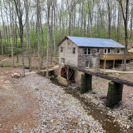 Historic Cabin in a natural setting with waterfalls and covered bridge