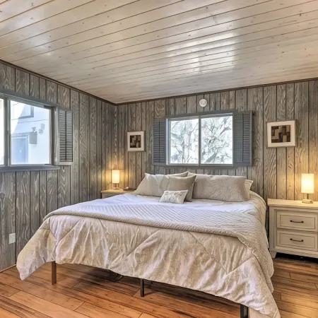 Spring Season Our Cabin Home Backing Preserve with Deck, Grill and Gas Fire Pit