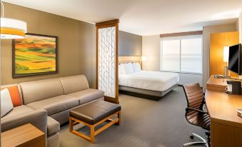 a modern hotel room with a large bed , couch , and desk , along with a view of the ocean at Hyatt Place East Moline/Quad Cities
