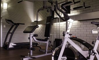 a well - equipped home gym with various exercise equipment , including a treadmill , stationary bike , and weights at The Olive Tree Motel
