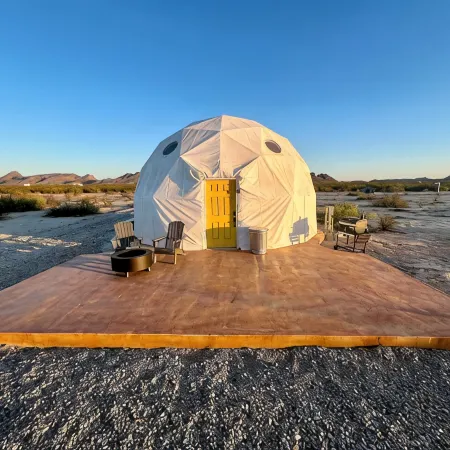 Southern Boho inspired Geodesic Dome nestled up next to Big Bend National Park.