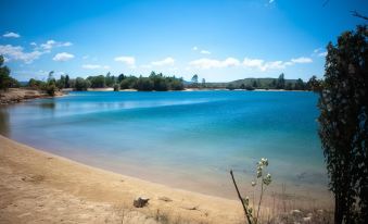 a serene beach scene with a clear blue lake , sandy shoreline , and a small tree branch at Balneario de Corconte
