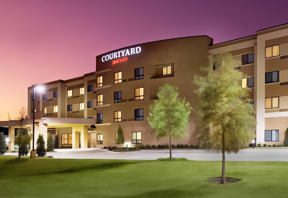 "a large , modern hotel building with the name "" courtyard by marriott "" lit up at night" at Courtyard Lufkin